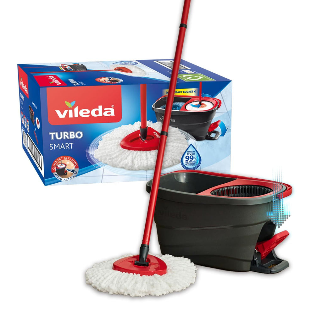 Vileda Set Fregona y Cubo de Limpieza con Pedal y Escurrefácil Giratorio, Fregona con Mango Extra Largo, Cabezal Triangular de Microfibra ideal Para los Rincones