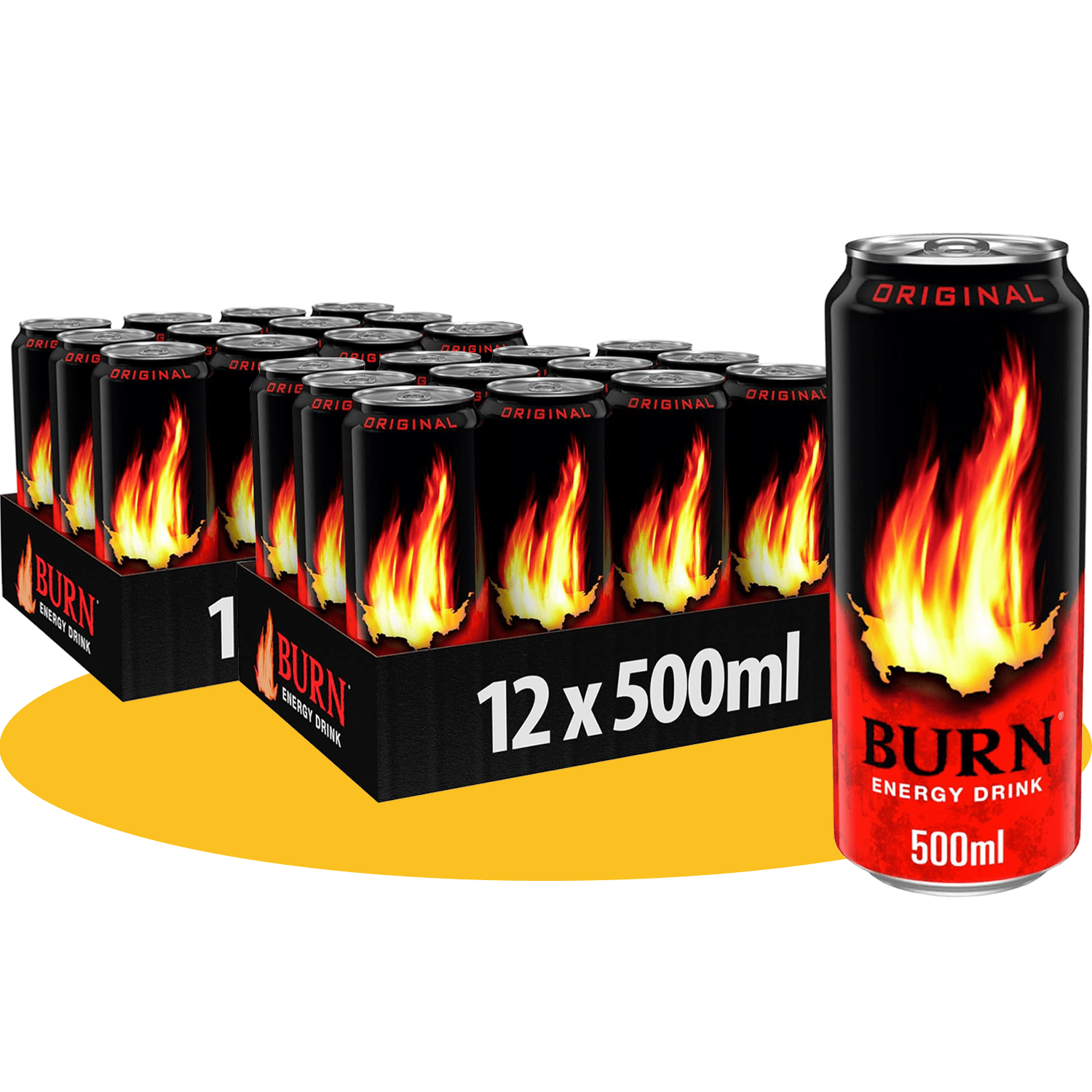 BURN Bebida Energética, Refresco Energético con Taurina, Guaraná y Vitaminas B6 y B12, Pack 12/24 Latas de 500ml