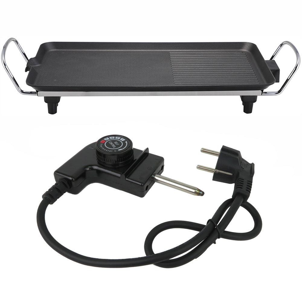 Plancha de Cocina Eléctrica con Revestimiento Antiadherente para Carne, Pescado y Verduras, Forma Lisa y Grill, 1500W de Potencia, 230V-50Hz, Bandeja Recoge-Aceite Desmontable, Control de Termostato Ajustable, Asas para Facilitar el Transporte Seguro