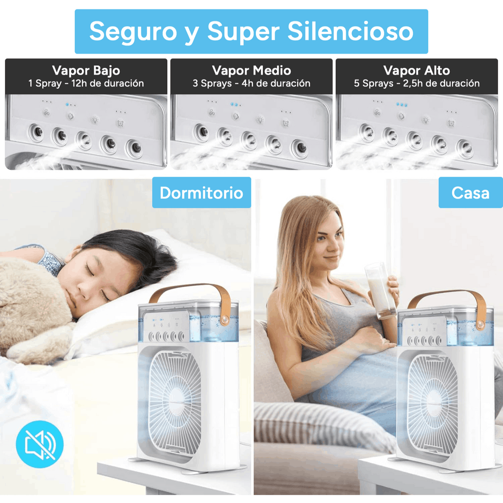 Ventilador Potente de Mesa 5 en 1 con Humidificador, 5 Pulverizadores, 3 Velocidades, LED de 7 Colores, Temporizador y Tanque Extraíble. Portátil, Silencioso y Multifuncional para Escritorio, Hogar u Oficina