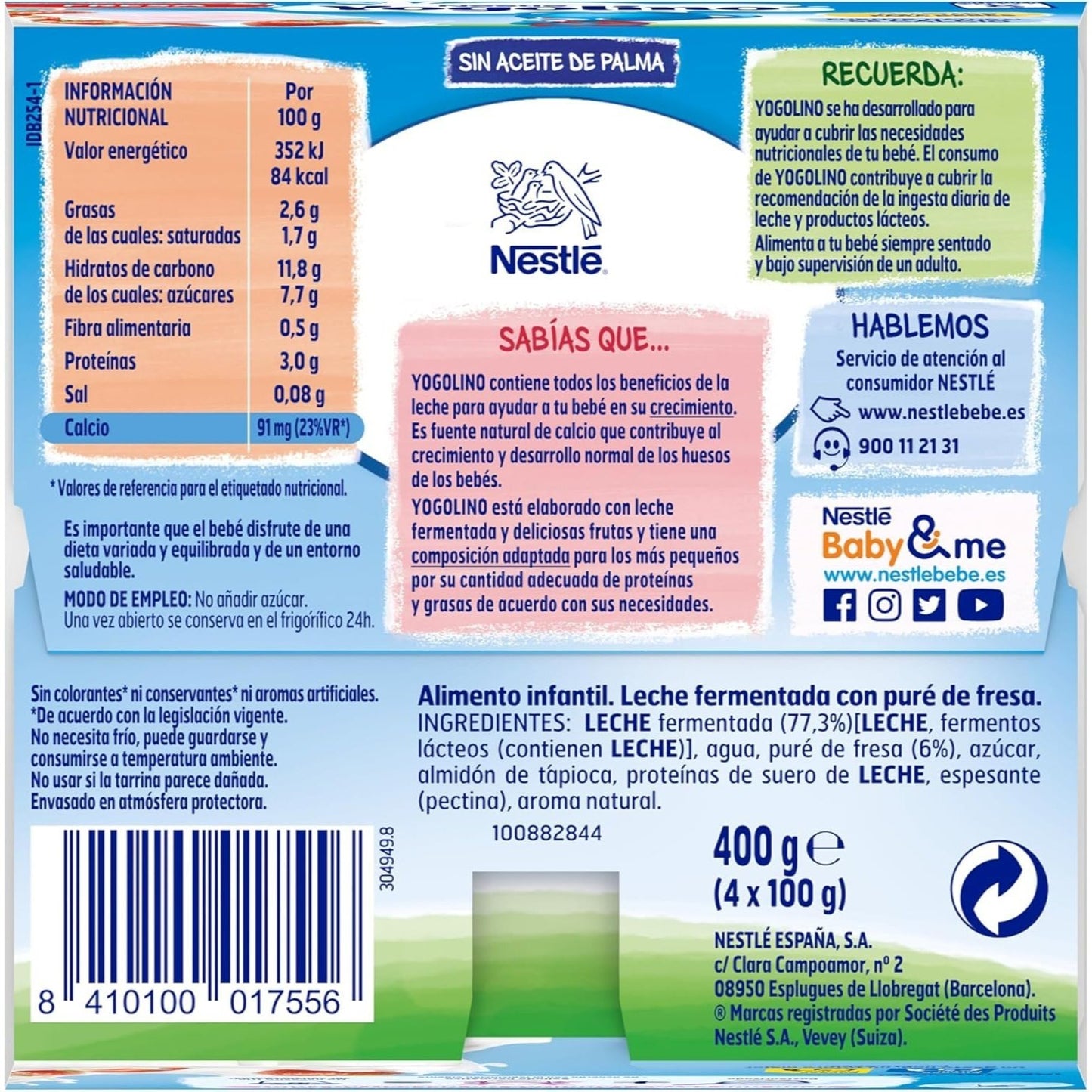 NESTLÉ Yogolino Fresa, Yogur Infantil a partir de los 8 Meses, Sin Gluten, 4 Tarrinas de 100g por Paquete