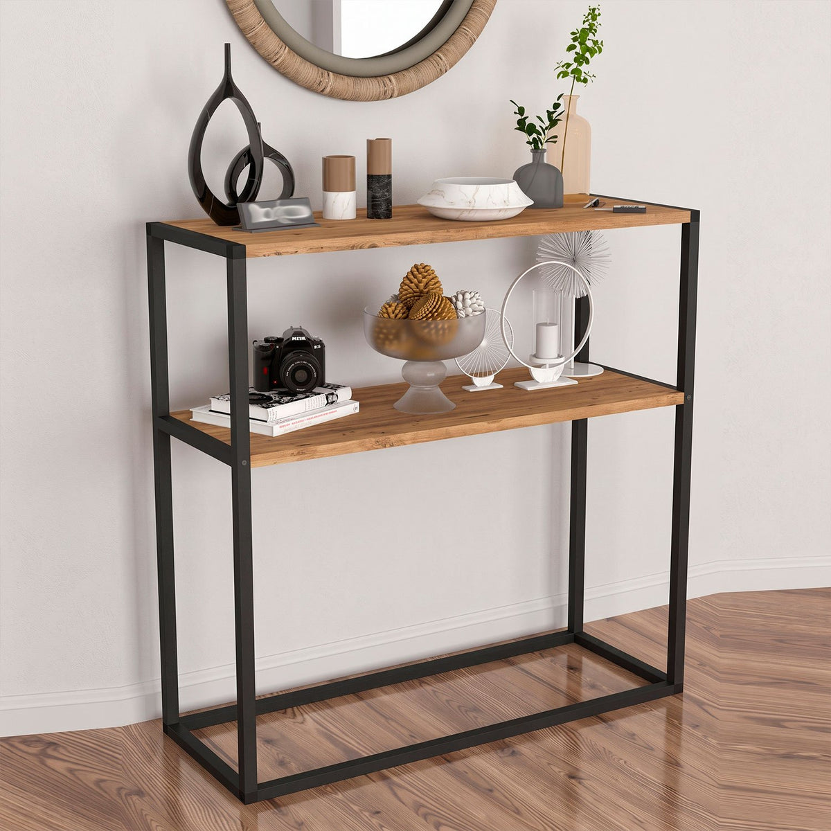 Consola de Diseño Industrial de 2 Estantes, Mesa Auxiliar para Entrada, Salón y Recibidor, Diseño Funcional con Espacio de Almacenamiento y Acabado Madera, 90 x 34 x 90 cm