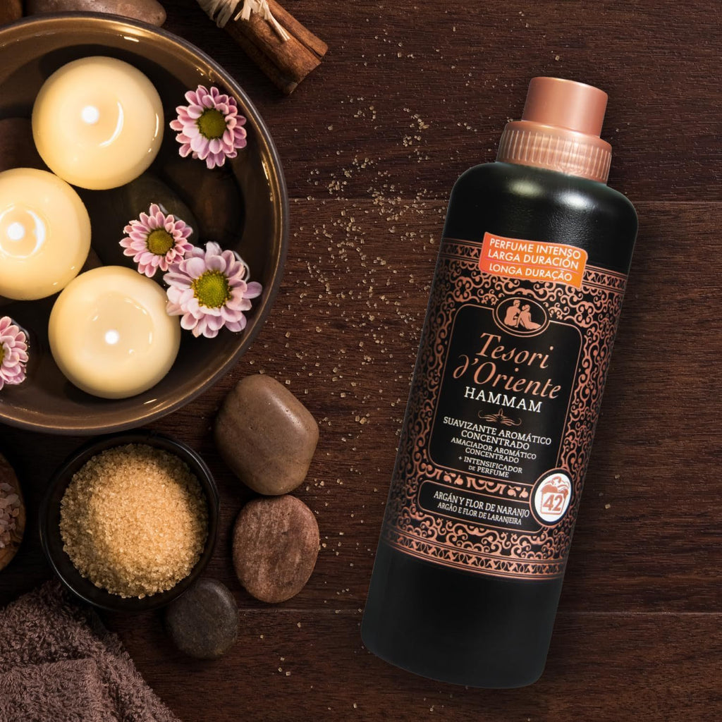 Tesori d'Oriente, Perfumador y Suavizante de Ropa Líquido Concentrado para Lavadora Hammam, Aroma de Argán y Flor de Naranjo, Microcápsulas para Fragancia Duradera, Facilita el Planchado, 760ml - 42 Lavados por Botella