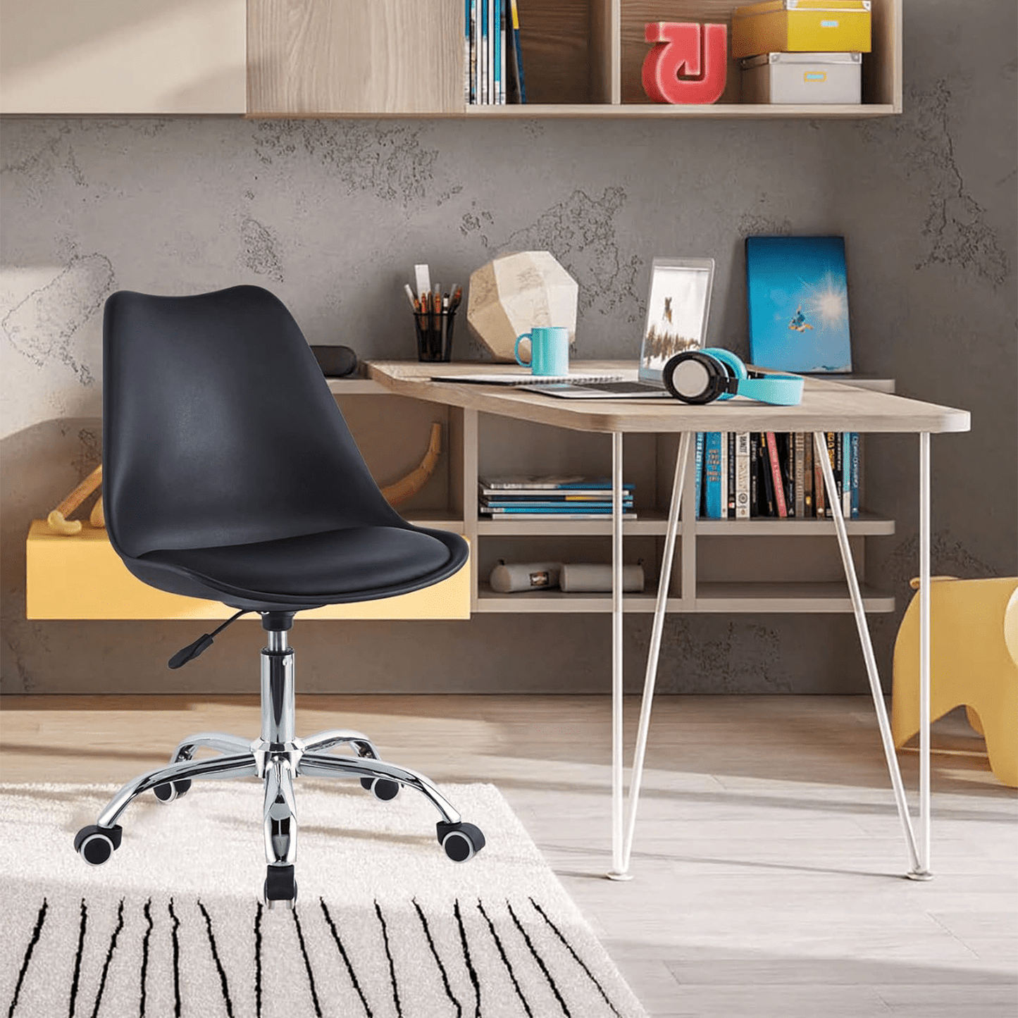 Silla Escritorio Ergonómica con Ruedas, Silla Oficina Giratoria con Altura Ajustable, Acolchada, Estilo Nórdico, Ideal para Estudio y Oficina