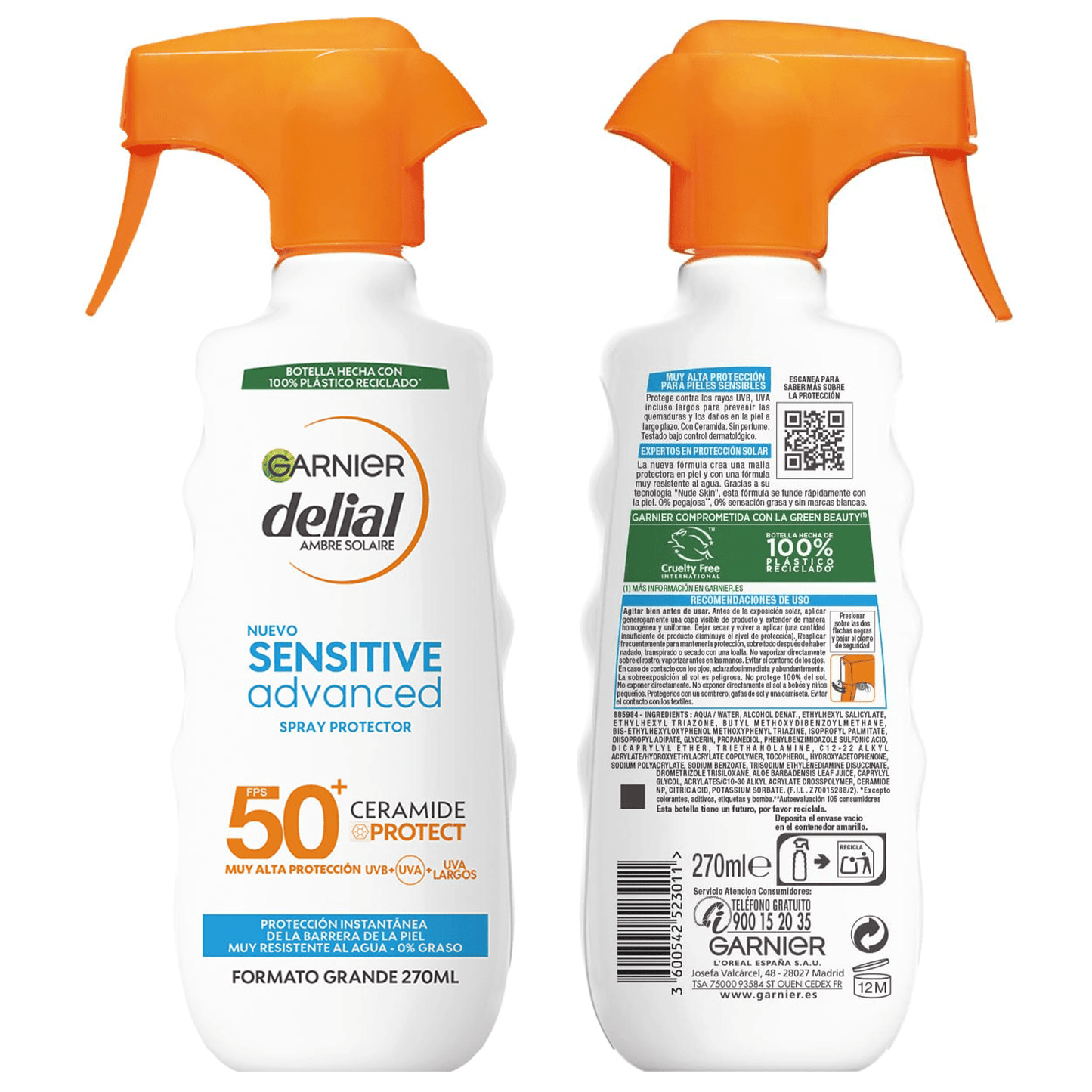 Garnier Protector Solar Spray Adultos Delial Sensitive Advanced, Ideal para Pieles Claras, Sensibles e Intolerantes al Sol, IP50+ -270 ml, Protección Avanzada Contra Rayos UVB, UVA Y UVA Largos, No Deja Manchas, 0% Grasa 0% Pegajosa