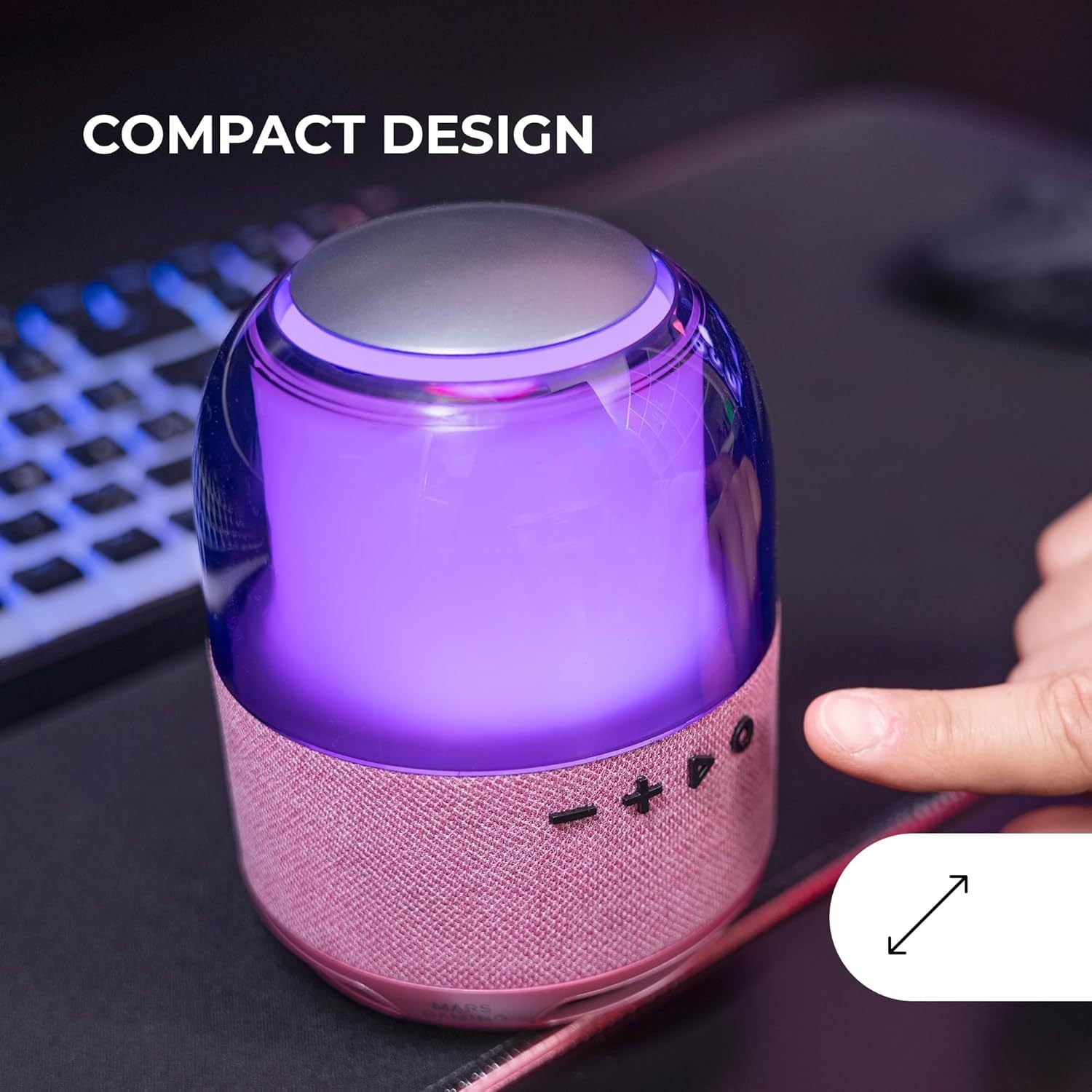 Mars Gaming MS-Flow, Altavoz Portátil Bluetooth 15W, Iluminación Orbilight RGB 360°, Sonido Potente con Driver DeepBass 57mm, Altavoz Gaming Compacto con Bluetooth 5.3 y MicroSD, Rosa
