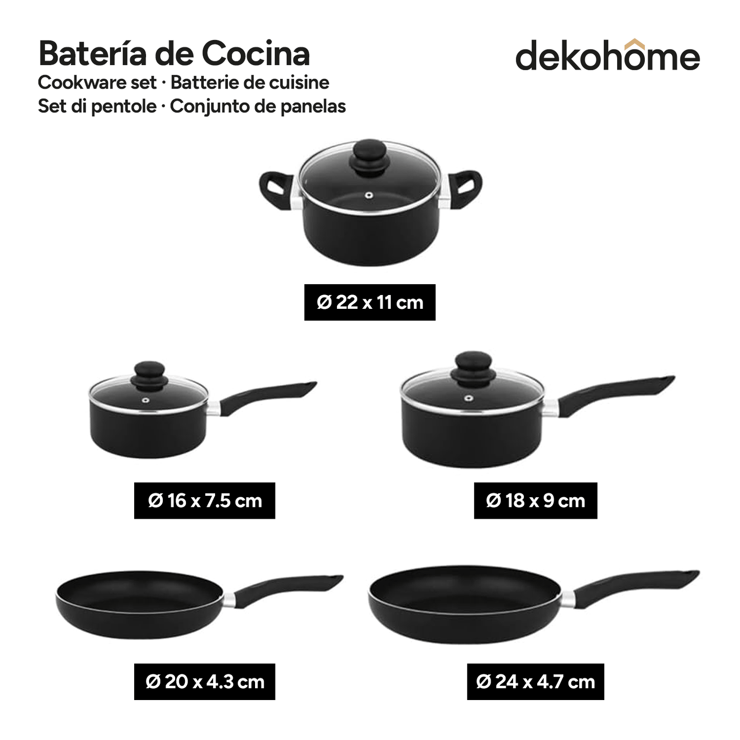 Bateria de Cocina de 8 piezas. Juego de Ollas y Sartenes Completo: 2 Sartén 2 Cazo 1 Cacerola 3 Tapas de Cristal. Aluminio con mangos de Baquelita