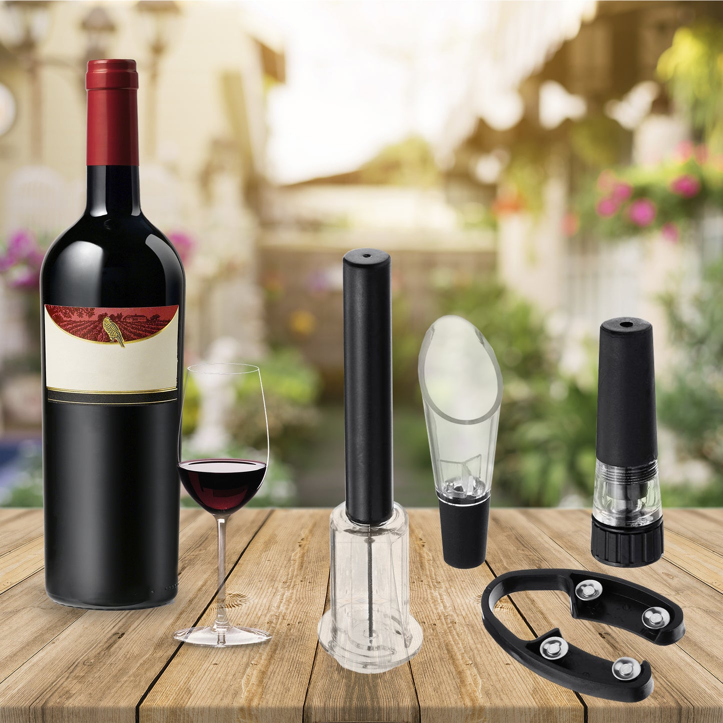Set Abrebotellas Vino por Presión de Aire, Fácil y Rápido de Usar, Incluye Cortador, Sacaracorchos, Vertedor y Tapón