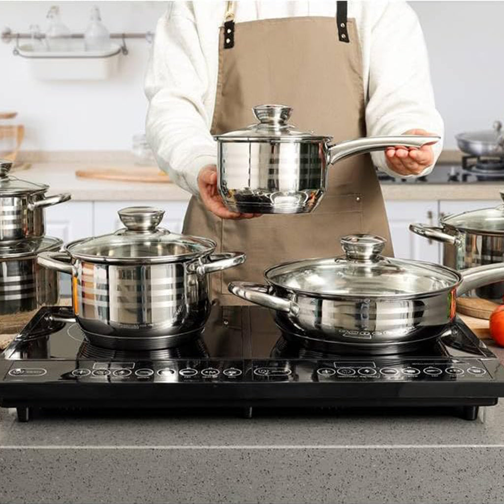 Batería de Cocina 12 Piezas, Juego de Ollas, Cazo y Sartén de Acero Inoxidable, Tapas Incluidas, Apto para Lavavajillas, Apto para Cocina Eléctrica, Gas, Vitrocerámica e Inducción