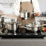 Batería de Cocina 12 Piezas, Juego de Ollas, Cazo y Sartén de Acero Inoxidable, Tapas Incluidas, Apto para Lavavajillas, Apto para Cocina Eléctrica, Gas, Vitrocerámica e Inducción