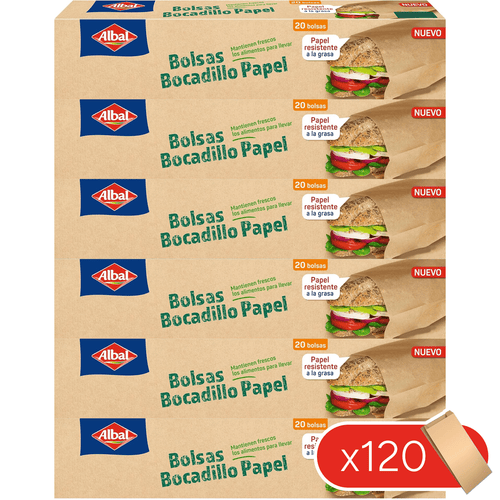Albal Bolsas de Papel para Bocadillos, Papel Antigrasa, Duraderas y Confiables, Mantiene los Bocadillos y Sandwiches Frescos Durante más Tiempo, Bolsas Kraft de 27x12x5cm, 120/240 Bolsas