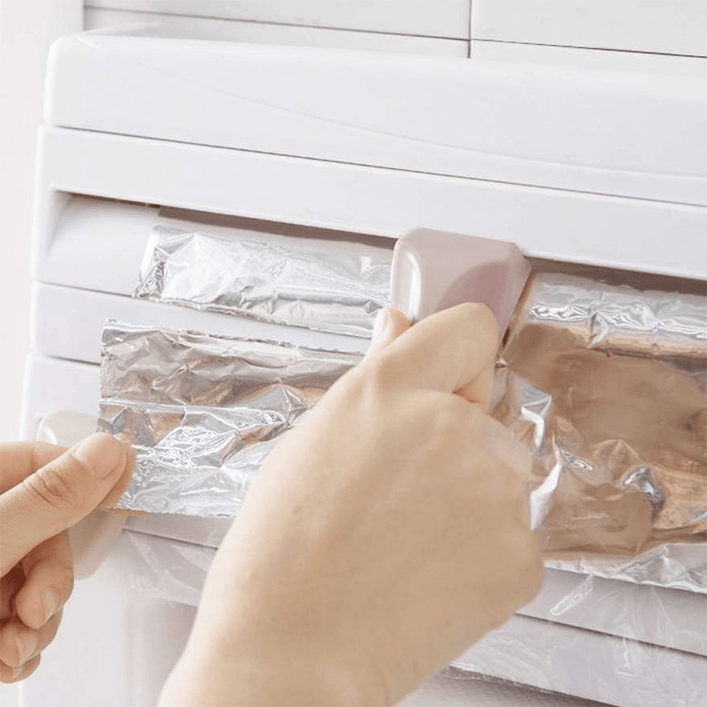Portarrollos Papel Cocina, Estante de Almacenamiento de Cocina Montado en Pared, 2 Cortadores Incorporados, Dispensador de Plástico para Envolver, Dispensador de Papel de Aluminio, Soporte para Toallas de Papel, Soporte de Rollos de Cocina
