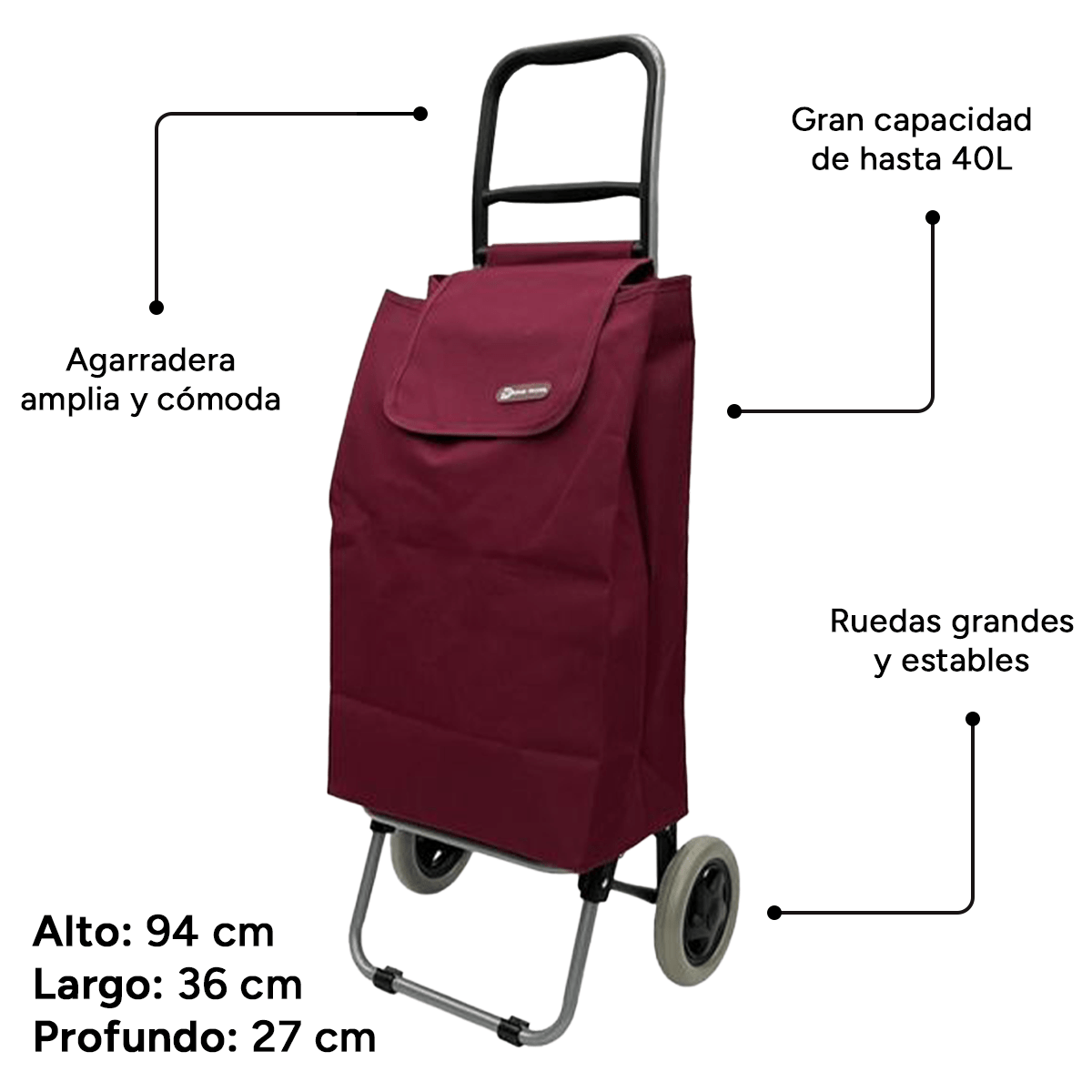 Carro Compra Plegable, Carro Plegable con Ruedas, Gran Capacidad de 40 Litros, 2 Ruedas Grandes Resistentes y Estables, Bolsa Desmontable Facilita Carga y Descarga de tus Compras, Fácil de Limpiar, Alto: 94 cm x Largo: 36 cm x Profundo: 27 cm