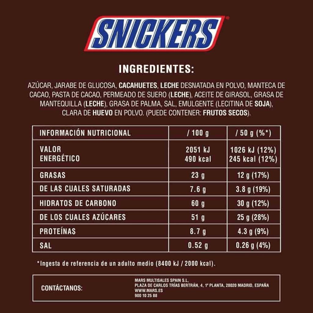 Snickers Barrita de Chocolate con Leche, Crema de Cacahuete, Caramelo y Cacahuetes, 20 Barritas de 50g