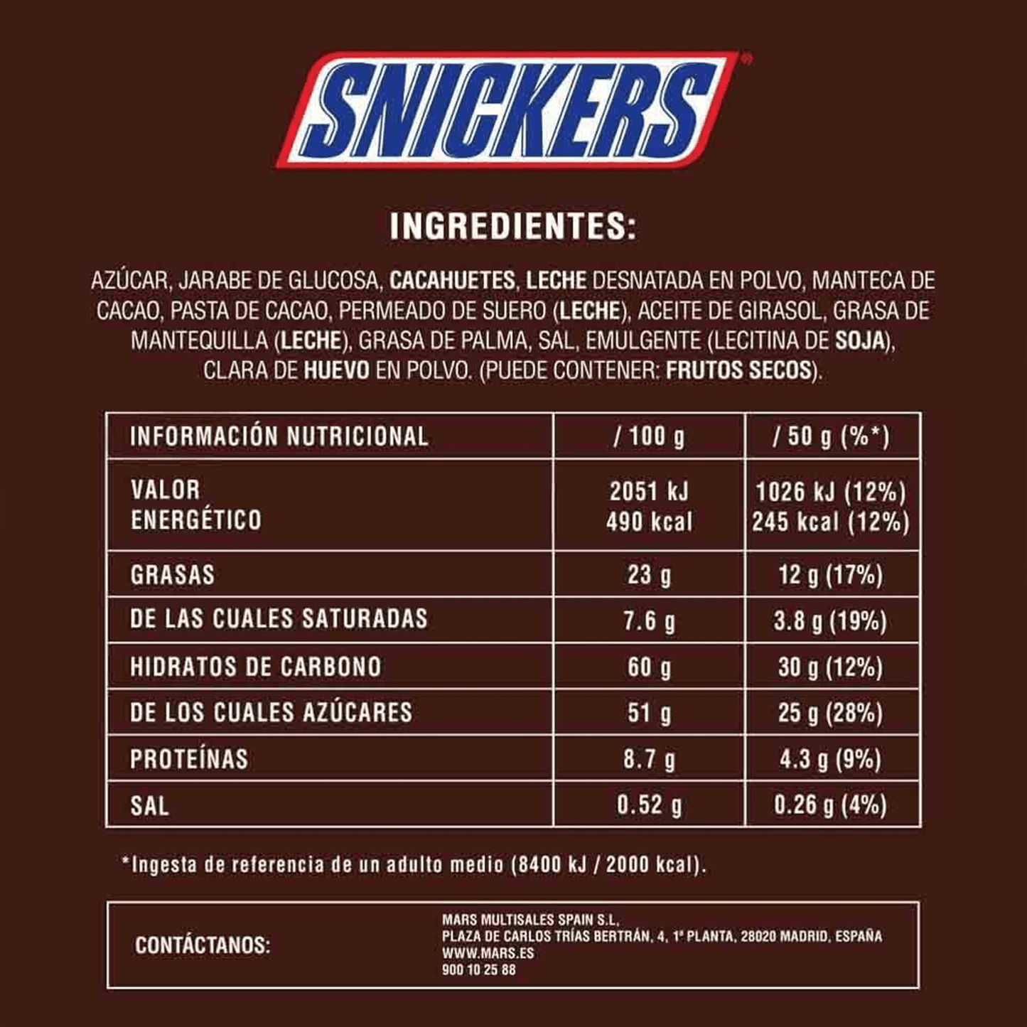 Snickers Barrita de Chocolate con Leche, Crema de Cacahuete, Caramelo y Cacahuetes, 20 Barritas de 50g