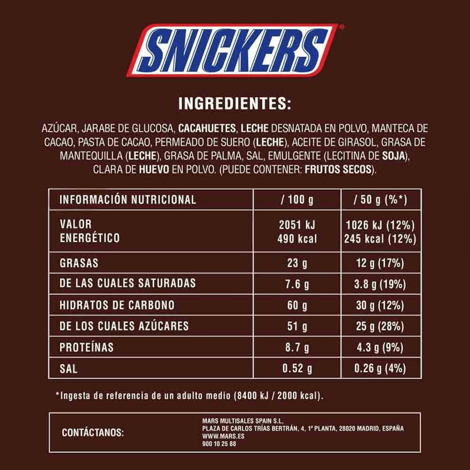 Snickers Barrita de Chocolate con Leche, Crema de Cacahuete, Caramelo y Cacahuetes, 20 Barritas de 50g
