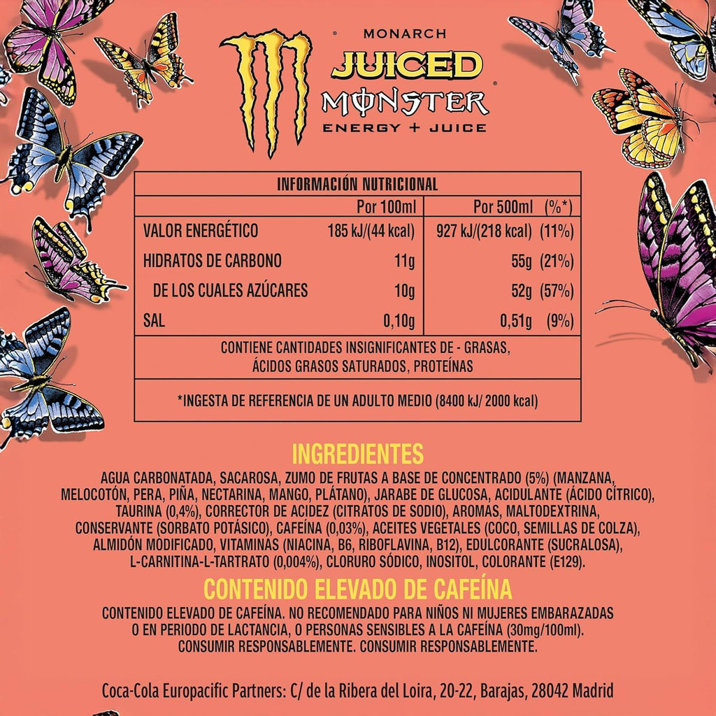 MONSTER ENERGY Monarch Juice Bebida Energética Sabor Melocotón y Nectarina, 4 Latas de 500ml