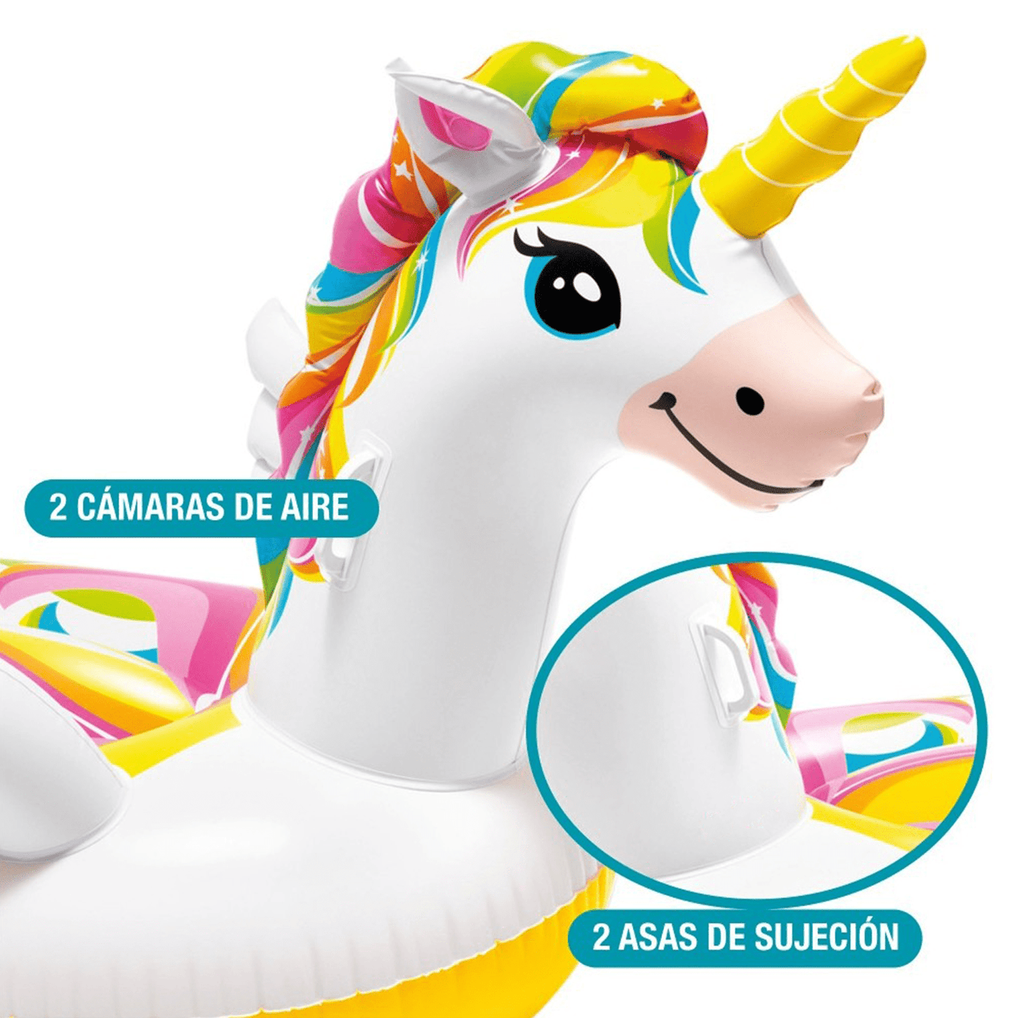 Flotador Piscina Unicornio Hinchable Grande con 2 Asas, Hecha de Vinilo Ultra Resistente, Con 2 Cámaras de Aire para Mayor Seguridad y 2 Asas Resistentes para Mayor Sujeción y Estabilidad, Incluye Kit de Parches para Reparar Pequeños Poros o Pinchazos