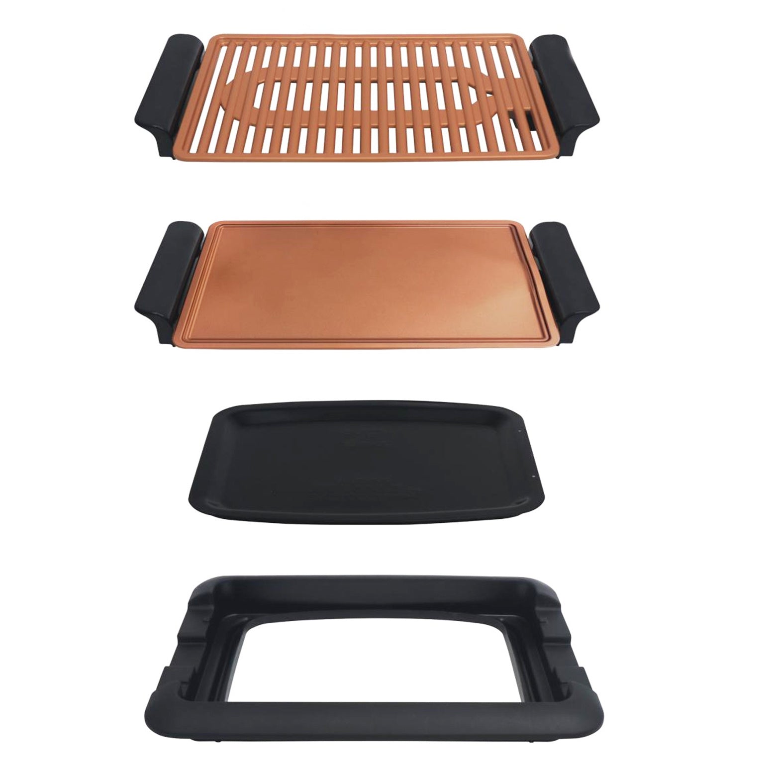 Grill Eléctrico con Doble Bandeja, Diseño Innovador sin Humo, Temperatura Ajustable, Fácil de Limpiar, Asas de Tacto Frío, Gran Superficie, Calentamiento Uniforme, Recubrimiento Anti Adherente, Potencia 1250W, Tamaño 30,5 x 25,5 cm