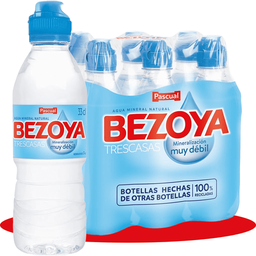 BEZOYA 6 Botellas 33cl de Agua Mineral Natural de Mineralización Muy Débil con Tapón Sport, Ideal para Deporte, Reuniones, Oficina y Casa