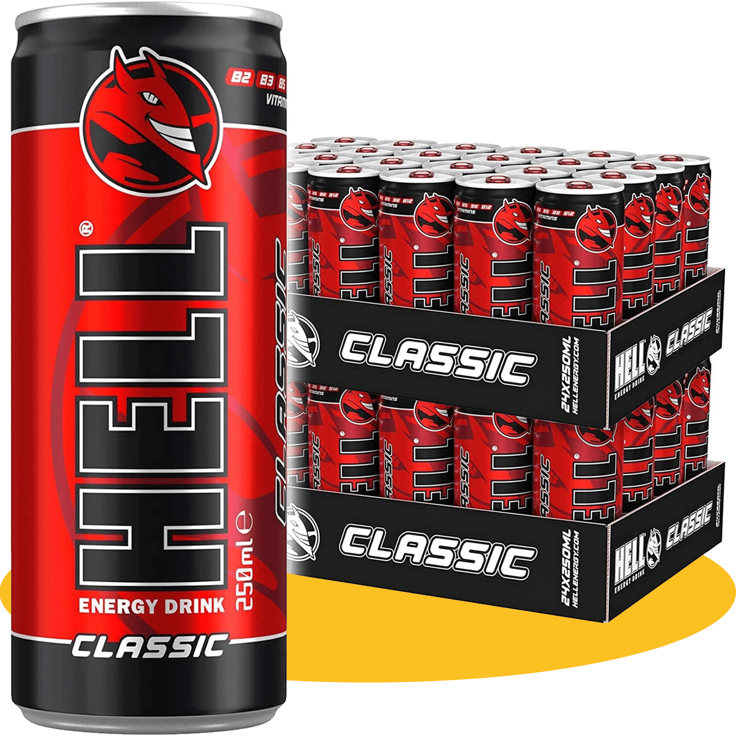 HELL ENERGY Bebida Energética, Refresco Energético con Vitaminas B2, B3, B5, B6 y B12, Pack 12/24/48 Latas de 250ml