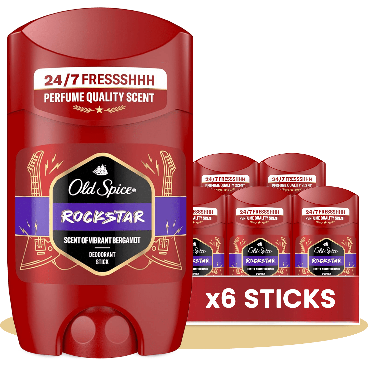 Old Spice Rockstar Pack 6 Desodorante en Barra Para Hombres, Fresco 24 Horas, Ideal para Uso Diario, Perfume Duradero, Sin Aluminio, Fragancia Excepcional a Bergamota, Manzana y Madera, Protección Contra El Mal Olor, 50ml por Barra
