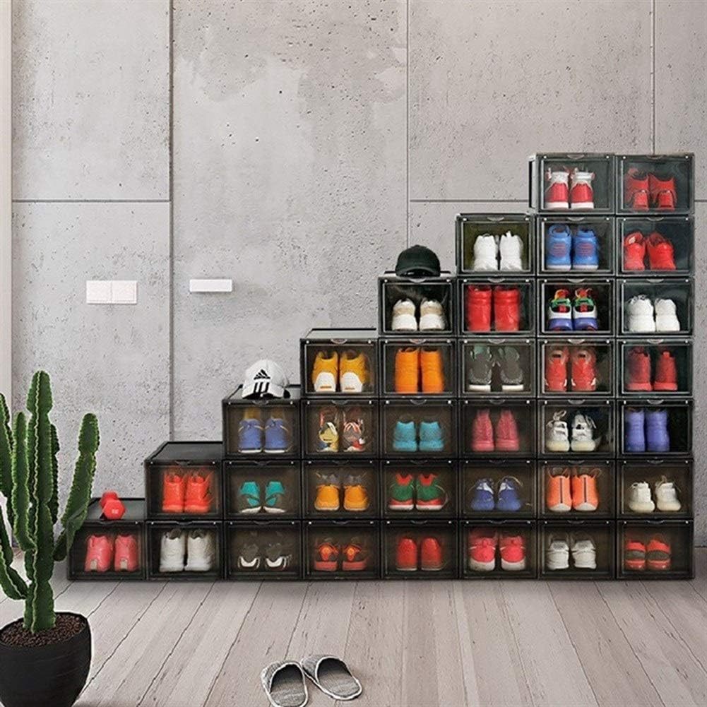 Zapateros Organizador de Plástico, Set de 4 Cajas de Zapatos de Plástico Apilables, Montaje Fácil y Rápido, Puerta Transparente Magnética, Dimensión de cada Caja: 36 x 28 x 22 cm