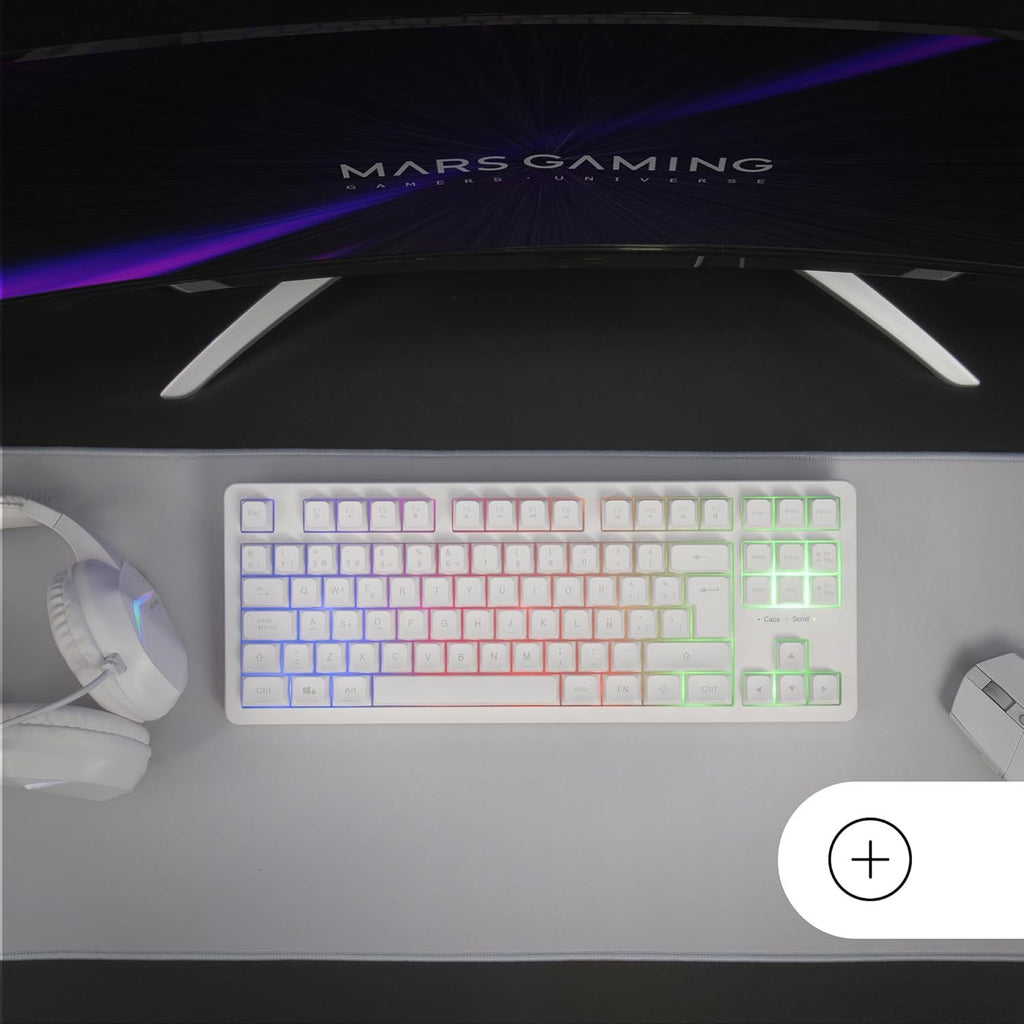 Mars Gaming MK023, Teclado Gaming TKL, Tecnología Híbrida H-Mech, Iluminación FRGB Rainbow, Anti-ghosting, Compatibilidad Universal, Blanco, Idioma Francés