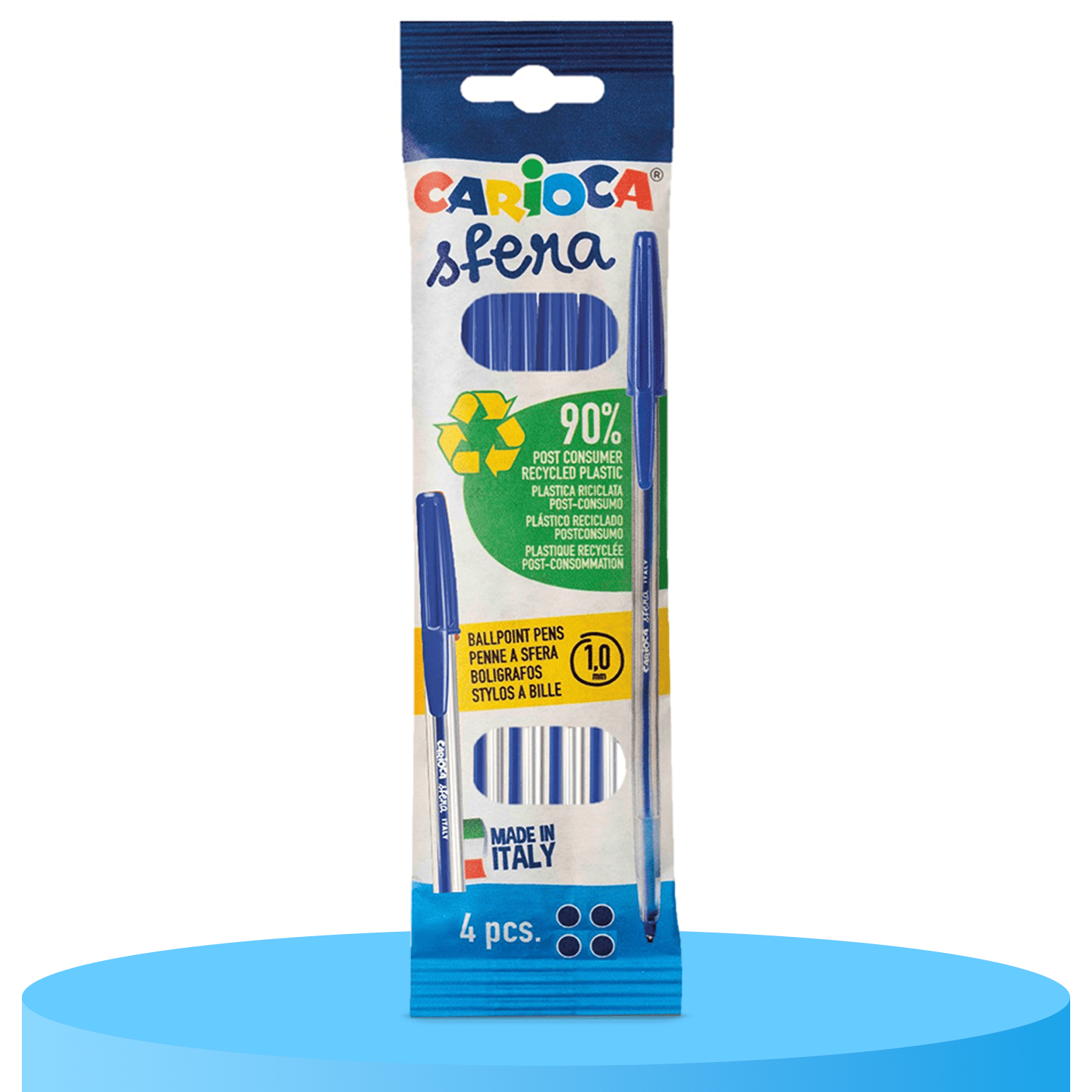 CARIOCA Sfera Pack 4 Boligrafos Tinta Azul, Bolígrafos de Bola 1mm, Secado Rápido y Agarre Cómodo