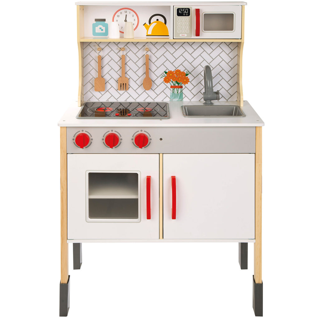 Cocina Juguete Grande con Luz y Sonido, Incluye Cocinita de Madera de 59,5 x 30 x 94,5 cm, Vitrocerámica Eléctrica, Fregadero, Microondas, Armario y Utensilios de Cocina, Bordes y Esquinas Redondeadas y Suaves