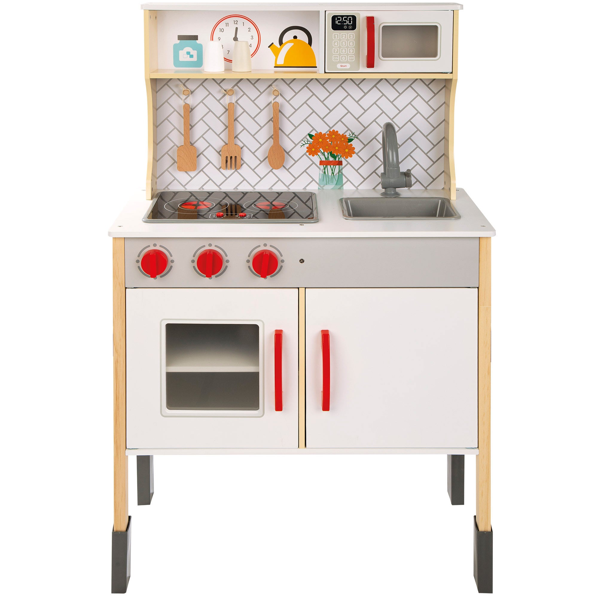 Cocina Juguete Grande con Luz y Sonido, Incluye Cocinita de Madera de 59,5 x 30 x 94,5 cm, Vitrocerámica Eléctrica, Fregadero, Microondas, Armario y Utensilios de Cocina, Bordes y Esquinas Redondeadas y Suaves
