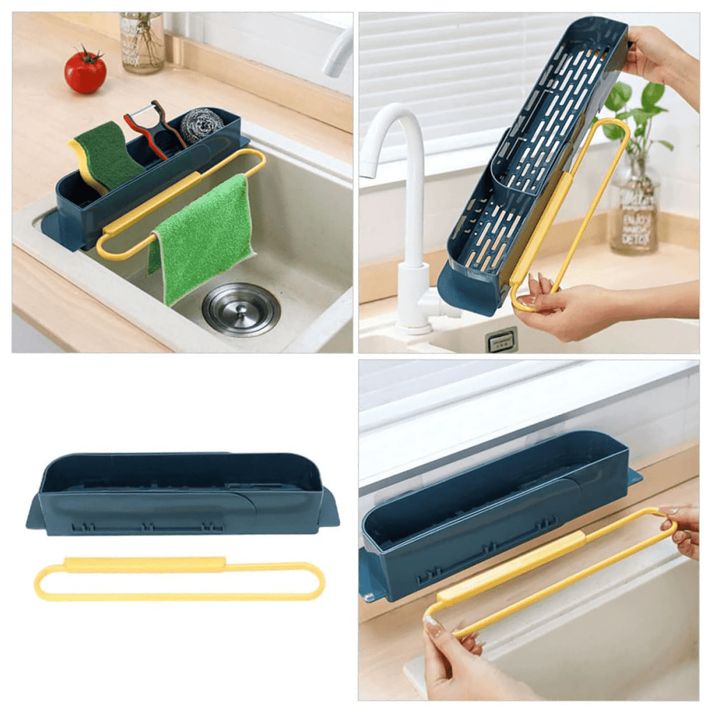 Organizador Fregadero Cocina Extensible, Adaptable a cualquier Fregadero y a todo tipo de Superficies, Incluye Ventosas para Mayor Sujeción, 2 Compartimentos Espaciosos y Colgador de Paños, 36 x 8 x 6 cm