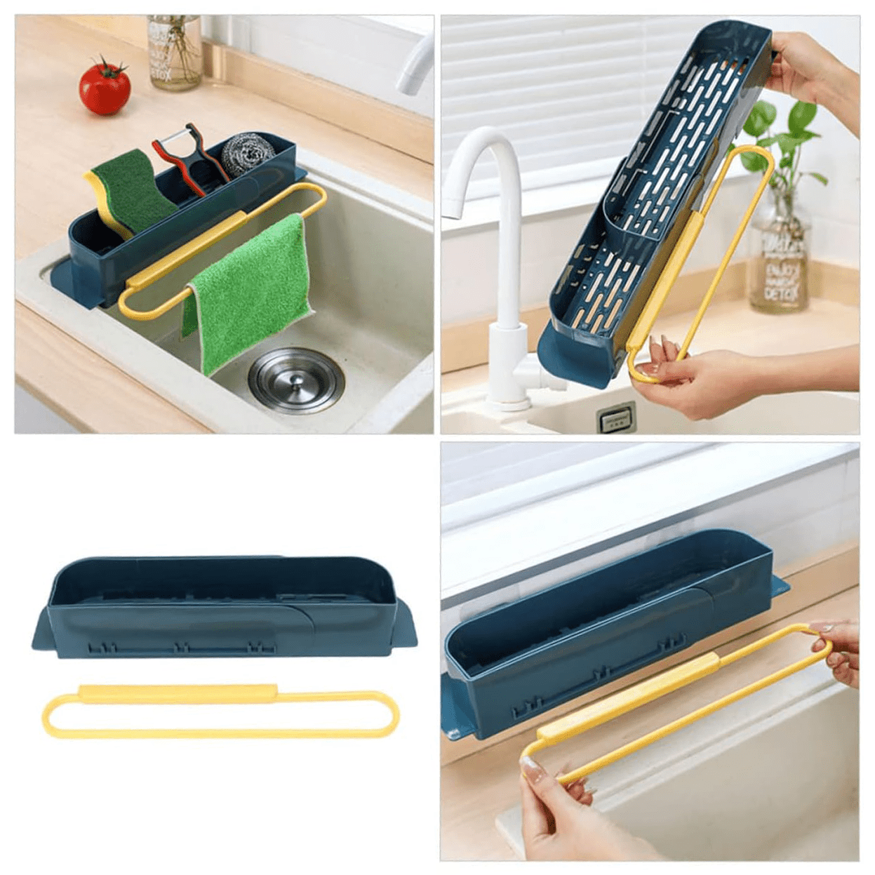 Organizador Fregadero Cocina Extensible, Adaptable a cualquier Fregadero y a todo tipo de Superficies, Incluye Ventosas para Mayor Sujeción, 2 Compartimentos Espaciosos y Colgador de Paños, 36 x 8 x 6 cm