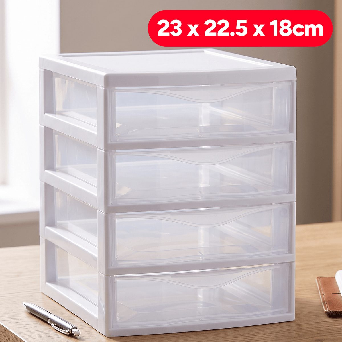 Cajonera Almacenamiento Plástico de Sobremesa, 4 Cajones, Ideal para Ordenar y Organizar el Hogar, Blanco, 18 x 22.5 x 23cm
