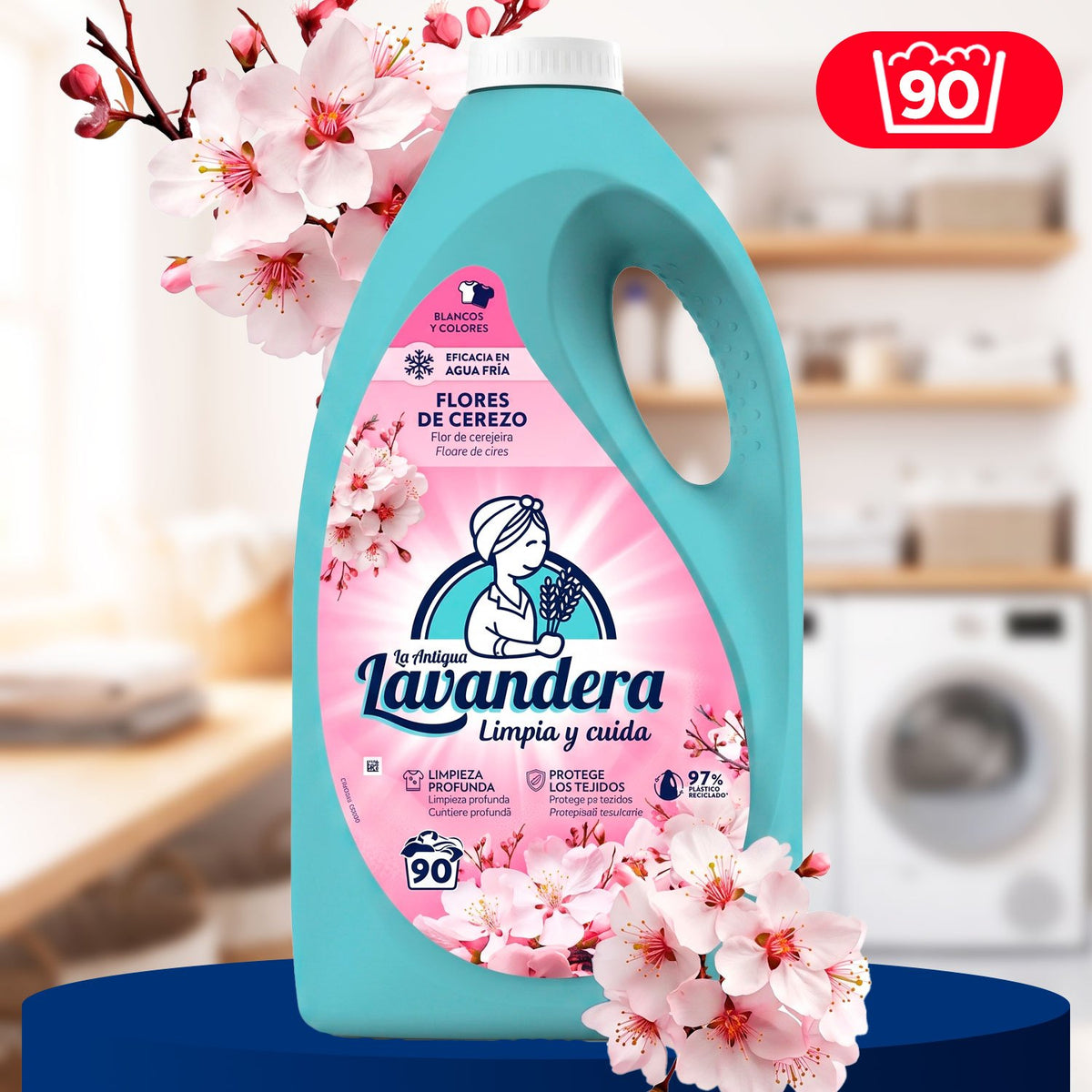 La Antigua Lavandera Detergente Líquido Flor de Cerezo, para Lavar y Cuidar la Ropa Blanca y de Color, Ayuda a Eliminar la Suciedad y Deja un Fresco Aroma Floral Duradero, 90 Lavados