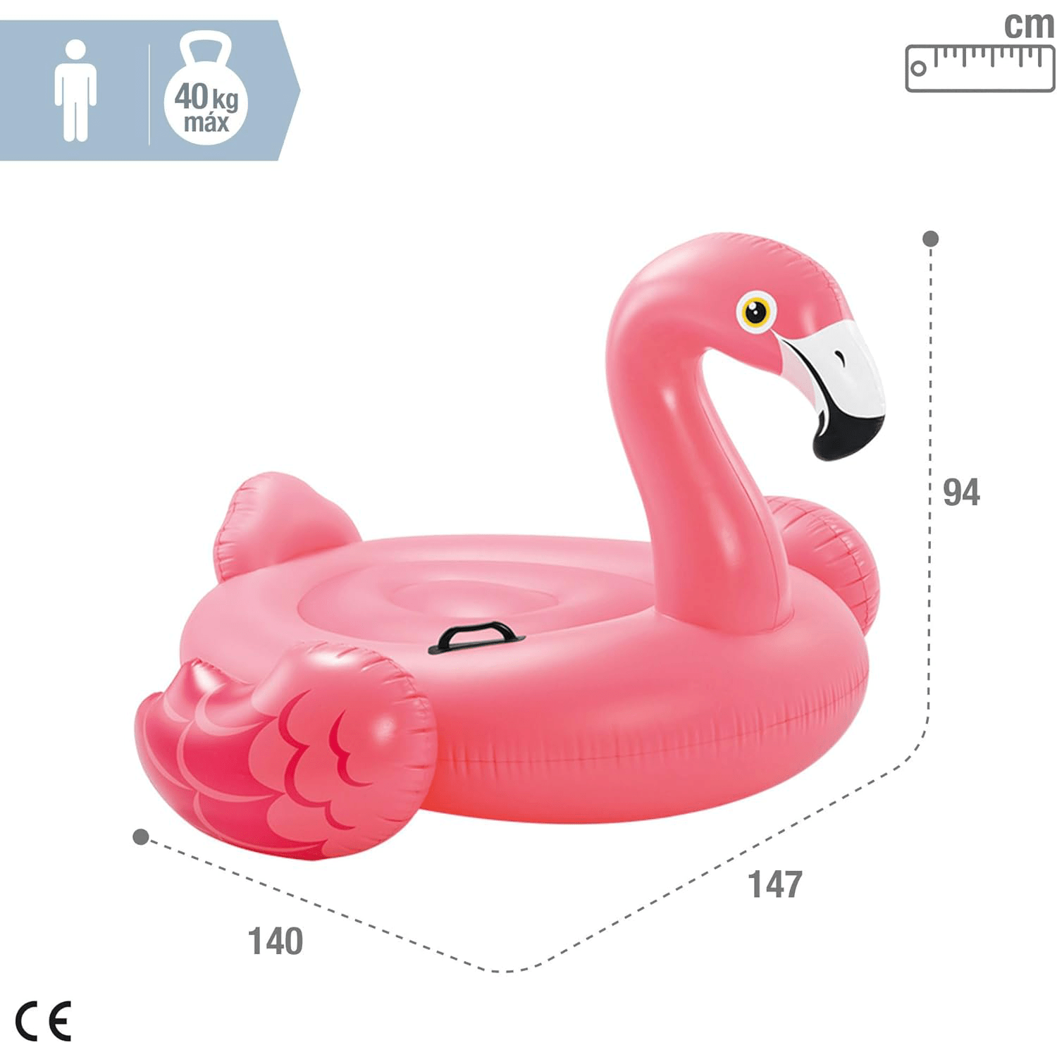 Flotador Piscina Inflable, Flamenco Hinchable de 140 x 147 x 94 cm, Incluye 2 Asas de Sujección, Pensado para estar Tumbado o Sentado, Soporta Hasta 40Kg