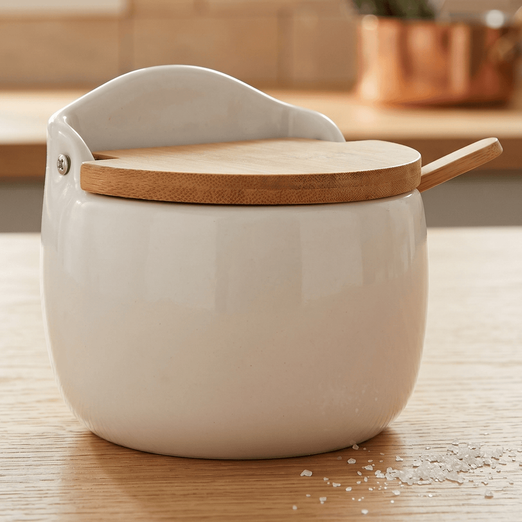 Azucarero Cocina con Tapa y Cuchara, Hecho de Cerámica y Madera, Recipiente para Especias y Aliños, Blanco, 9.7 x 11 x 9cm
