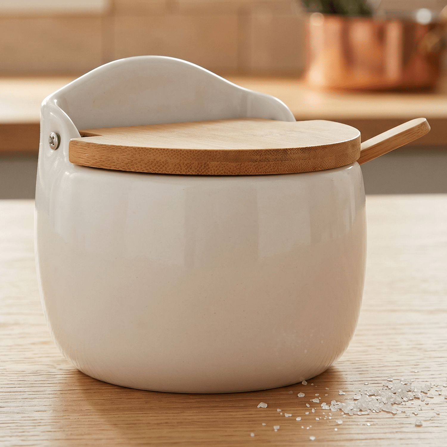 Azucarero Cocina con Tapa y Cuchara, Hecho de Cerámica y Madera, Recipiente para Especias y Aliños, Blanco, 9.7 x 11 x 9cm