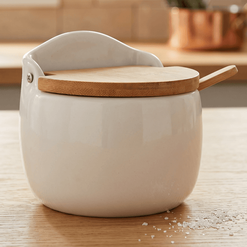 Azucarero Cocina con Tapa y Cuchara, Hecho de Cerámica y Madera, Recipiente para Especias y Aliños, Blanco, 9.7 x 11 x 9cm