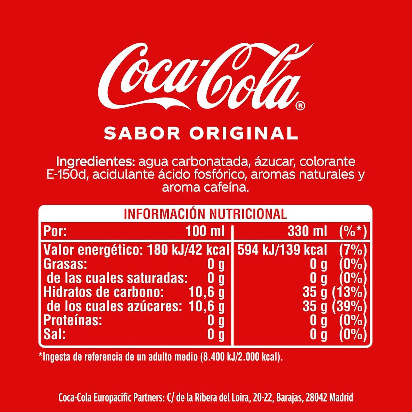 Coca-Cola Sabor Original, Refresco de Cola, Pack de 12 Latas de 330ml