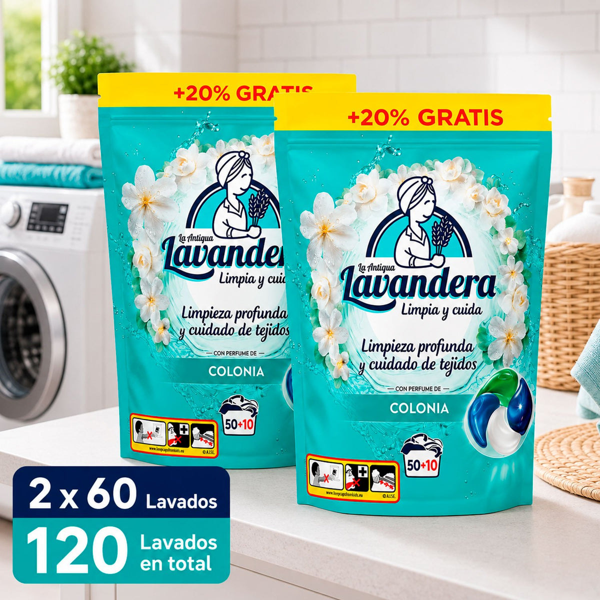 La Antigua Lavandera Detergente en Cápsulas para Ropa, Aroma Colonia, Pack de 2 Cajas de 60 Cápsulas Cada Una, 120 Cápsulas en Total