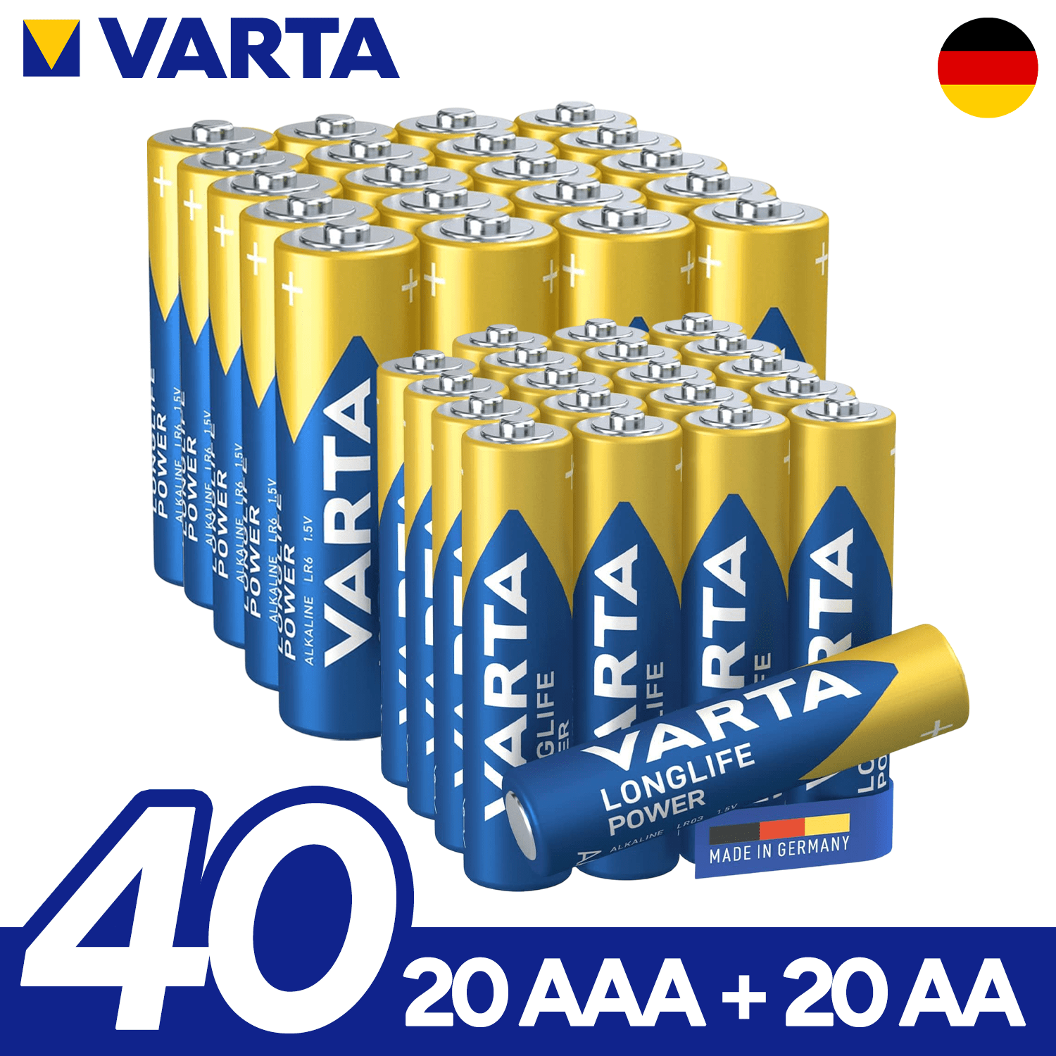 VARTA Pilas AA y AAA Alcalinas de Alto Rendimiento, 20 Pilas AA + 20 Pilas AAA, VARTA Longlife Power, Ultra Larga Duración, Energía Continua, Ideal para Controles Remotos, Juguetes Electrónicos, Linternas, Lámparas, Relojes