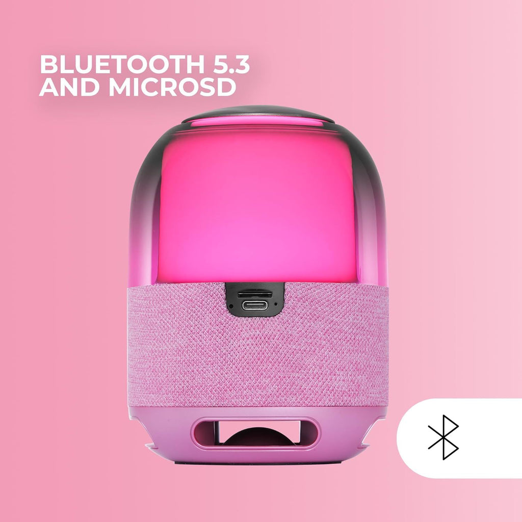 Mars Gaming MS-Flow, Altavoz Portátil Bluetooth 15W, Iluminación Orbilight RGB 360°, Sonido Potente con Driver DeepBass 57mm, Altavoz Gaming Compacto con Bluetooth 5.3 y MicroSD, Rosa