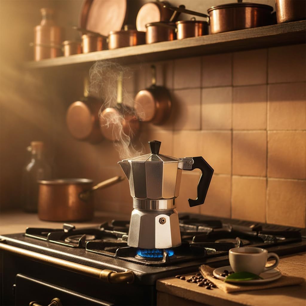 Cafetera Italiana 6 Tazas, Cafetera Italiana de Aluminio con Mango Ergonómico, Compatible con Cocina de Gas, Vitrocerámica e Inducción, Válvula de Seguridad