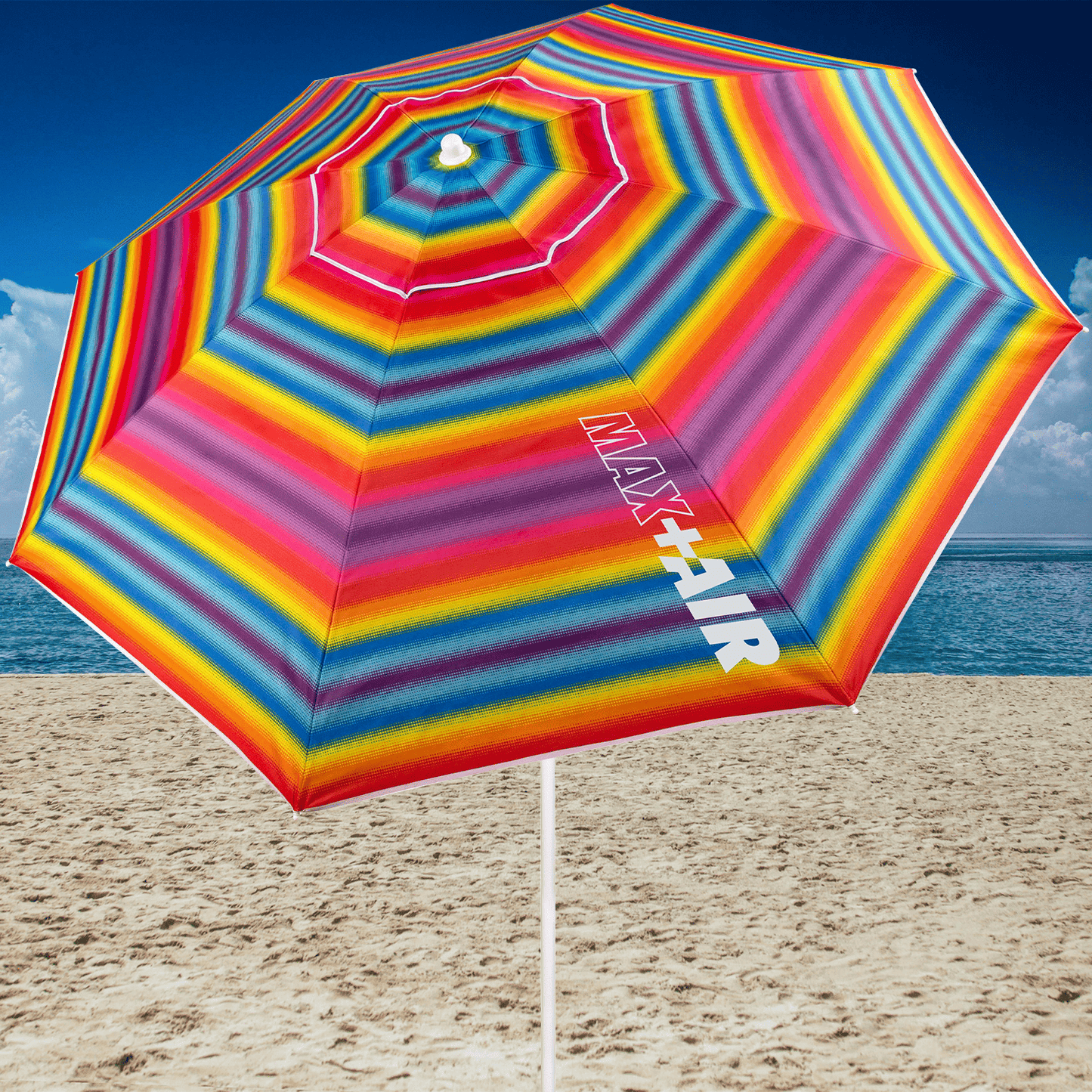 Sombrilla Playa Grande, 200cm / 220cm, Inclinable, Protección UV 50, Hecha de Aluminio y Tela Oxford con Revestimiento, Forma Única para Favorecer la Ventilación, 8 Varillas Resistentes y Flexibles, Ancho Tubo 28/32mm