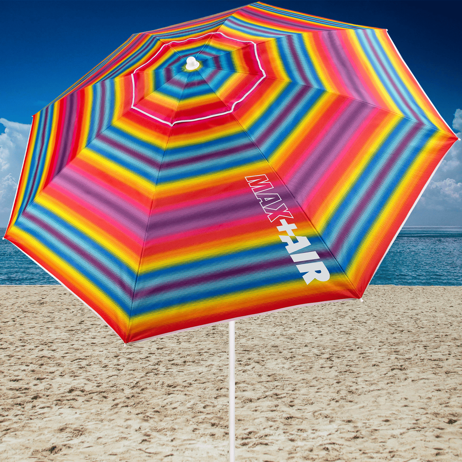 Sombrilla Playa Grande, 200cm / 220cm, Inclinable, Protección UV 50, Hecha de Aluminio y Tela Oxford con Revestimiento, Forma Única para Favorecer la Ventilación, 8 Varillas Resistentes y Flexibles, Ancho Tubo 28/32mm