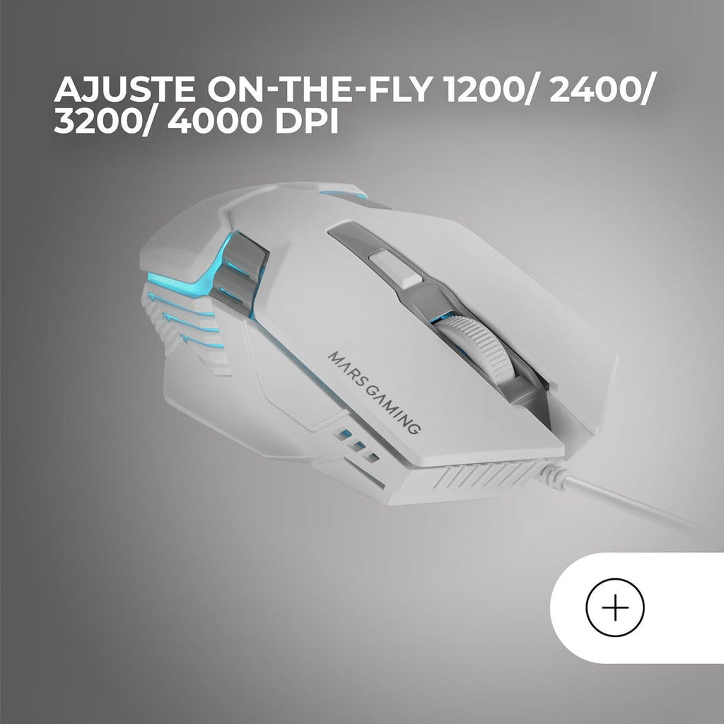 Mars Gaming MM024, Ratón Gaming RGB, Sensor Óptico 4000 dpi, Switches Mecánicos Huano, Iluminación RGB Flow, Ajuste On-The-Fly 1200/2400 / 3200/4000 dpi, Compatibilidad Multiplataforma, Blanco