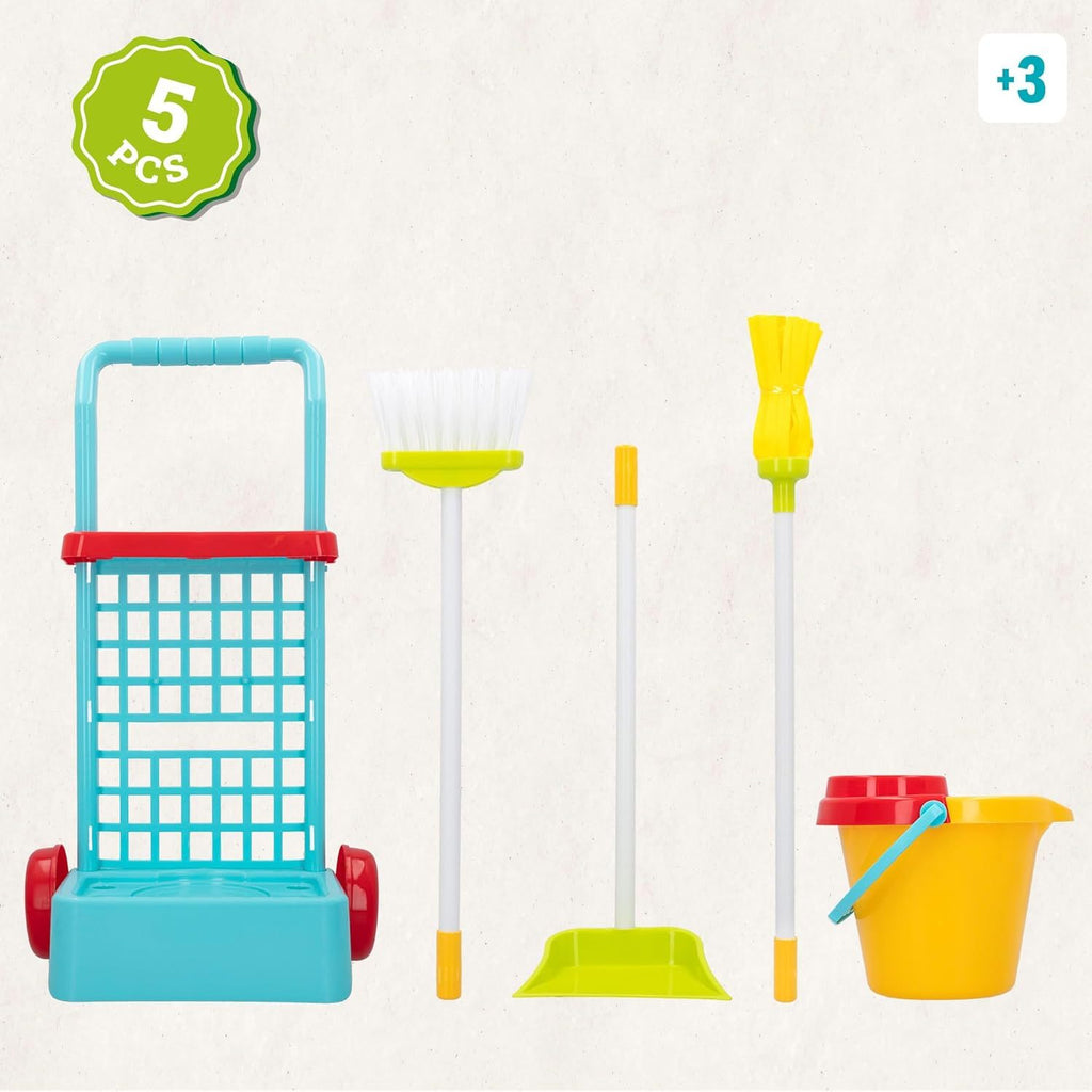 Carrito de Limpieza de Juguete, Incluye 1 Fregona, 1 Escoba, 1 Recogedor, 1 Cubo y 1 Carrito, Fomenta la Imaginación, el Aprendizaje de las Tareas del Hogar y la Motricidad Global