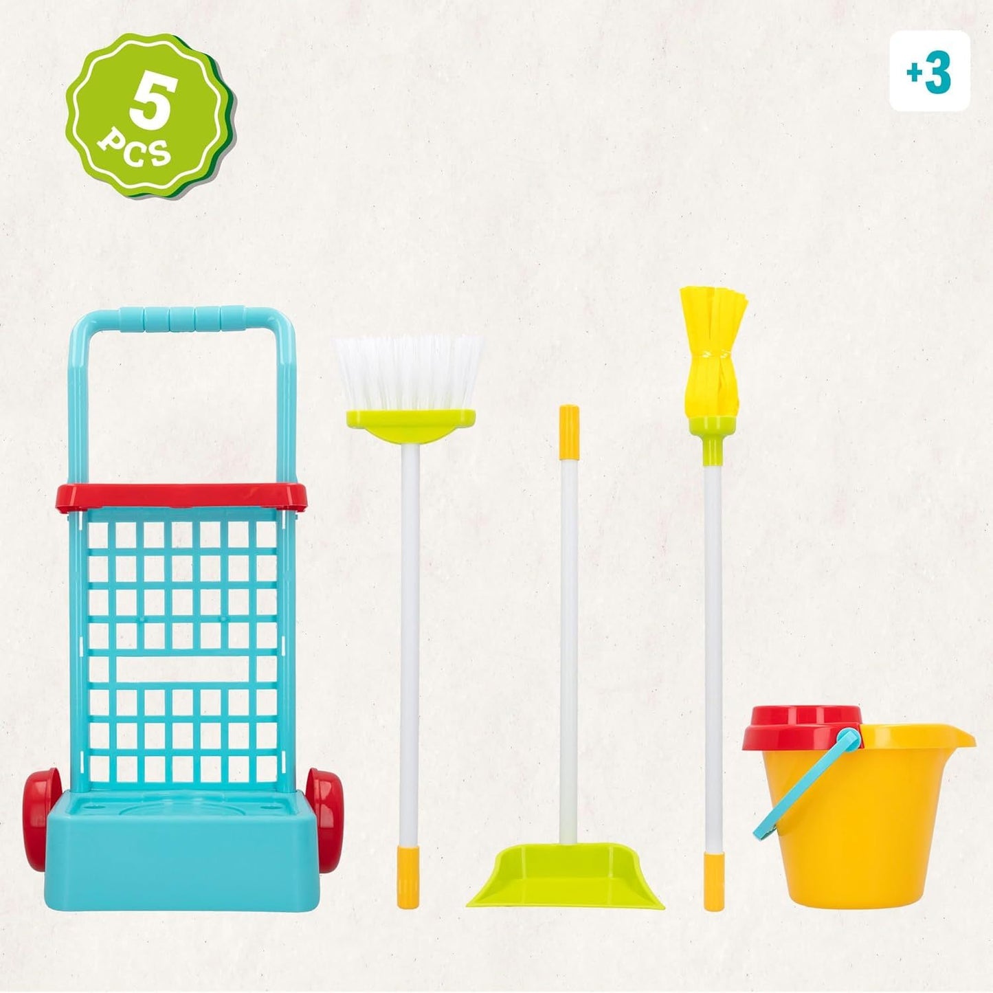 Carrito de Limpieza de Juguete, Incluye 1 Fregona, 1 Escoba, 1 Recogedor, 1 Cubo y 1 Carrito, Fomenta la Imaginación, el Aprendizaje de las Tareas del Hogar y la Motricidad Global
