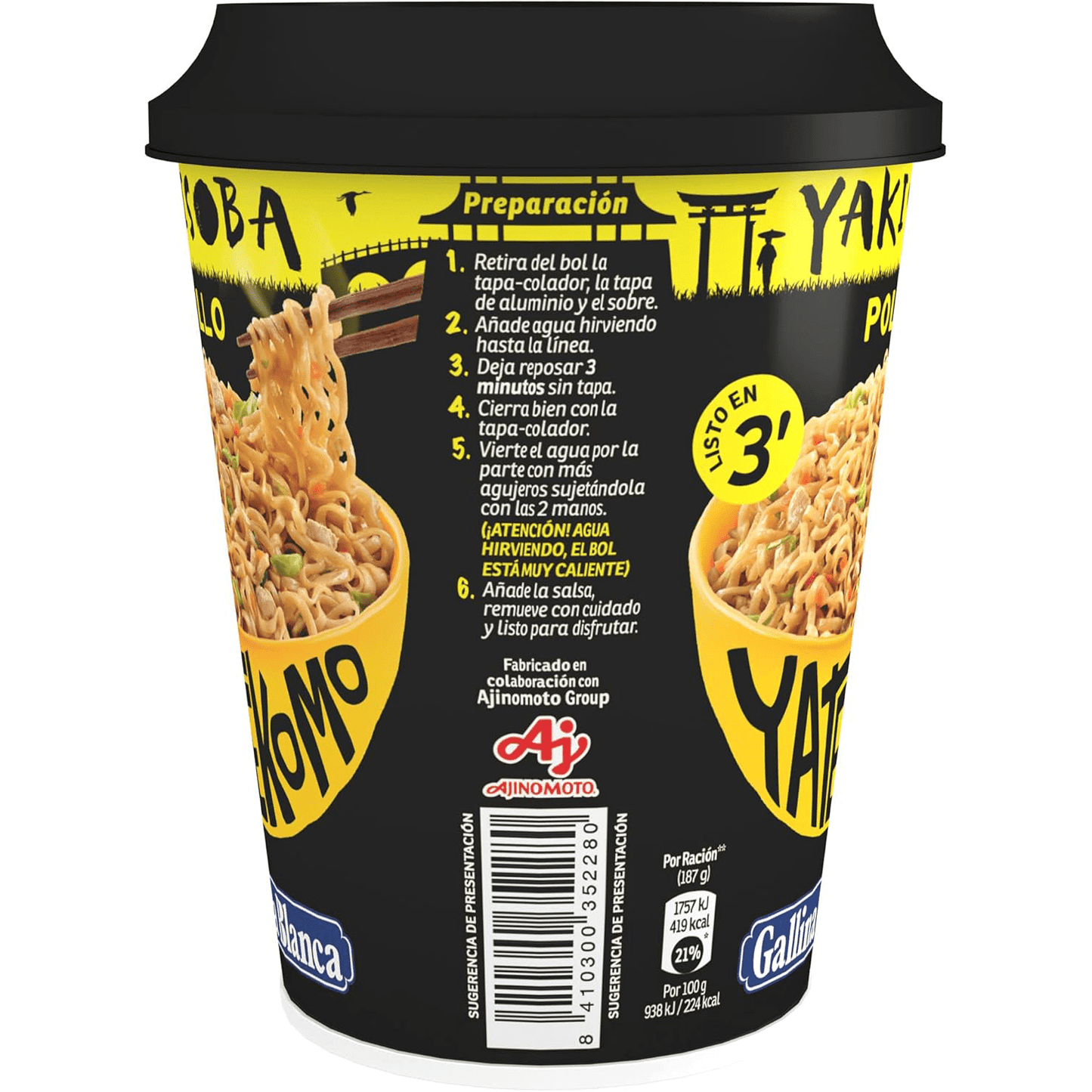 Fideos Orientales Yatekomo Yakisoba Pollo, 93g, Listo en 3 Minutos, Pack Ahorro de 6 Unidades